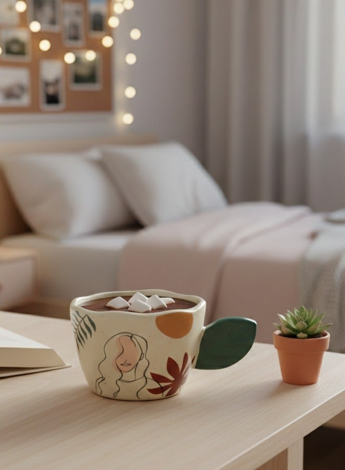 مج بورسلين فاخر سعة 360 ملي باللون البيج الكريمي المنقط بتصميم "لاين آرت" عصري ويد فريدة على شكل ورقة شجر خضراء لإضافة لمسة فنية وراقية لقهوتك الصباحية - Image 5